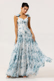 Flor azul estampada uma linha longo vestido de dama de honra com renda-up de volta