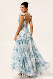 Flor azul estampada uma linha longo vestido de dama de honra com renda-up de volta