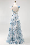 Flor azul estampada uma linha longo vestido de dama de honra com renda-up de volta