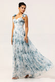 Flor azul estampada uma linha longo vestido de dama de honra com renda-up de volta