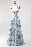 Flor azul estampada uma linha longo vestido de dama de honra com renda-up de volta