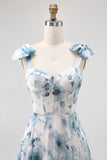 Flor azul estampada uma linha longo vestido de dama de honra com renda-up de volta