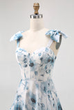 Flor azul estampada uma linha longo vestido de dama de honra com renda-up de volta