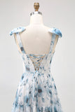 Flor azul estampada uma linha longo vestido de dama de honra com renda-up de volta