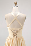 Daffodil Halter Uma linha de cetim vestido de dama de honra
