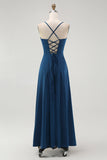 Alças de espaguete azul escuro Uma linha longo vestido de dama de honra