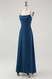 Alças de espaguete azul escuro Uma linha longo vestido de dama de honra