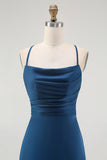 Alças de espaguete azul escuro Uma linha longo vestido de dama de honra