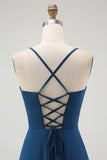 Alças de espaguete azul escuro Uma linha longo vestido de dama de honra