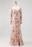 Blush Floral Off The Shoulder Bainha Longo Vestido de Noiva com Fenda