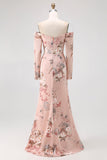 Blush Floral Off The Shoulder Bainha Longo Vestido de Noiva com Fenda
