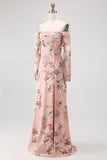 Blush Floral Off The Shoulder Bainha Longo Vestido de Noiva com Fenda