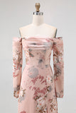 Blush Floral Off The Shoulder Bainha Longo Vestido de Noiva com Fenda
