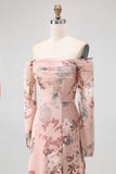 Blush Floral Off The Shoulder Bainha Longo Vestido de Noiva com Fenda