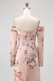 Blush Floral Off The Shoulder Bainha Longo Vestido de Noiva com Fenda