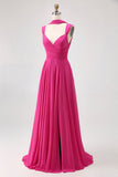 Fuchsia Uma linha conversível Chiffon vestido de dama de honra com fenda