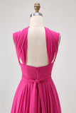 Fuchsia Uma linha conversível Chiffon vestido de dama de honra com fenda