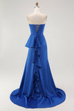Strapless Royal Blue Sereia Prom Dress com Sash