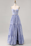Blue Flower A-Line frisado vestido de noiva com fenda