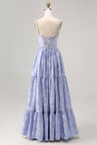 Blue Flower A-Line frisado vestido de noiva com fenda