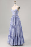 Blue Flower A-Line frisado vestido de noiva com fenda
