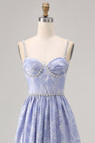 Blue Flower A-Line frisado vestido de noiva com fenda