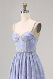 Blue Flower A-Line frisado vestido de noiva com fenda