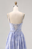 Blue Flower A-Line frisado vestido de noiva com fenda