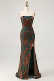 Strapless Peacock Green Corset Burnout Velvet Vestido Madrinha com Fenda