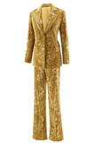 Sparkly amarelo pico lapela 2 peças mulheres ternos de baile com mangas