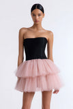 Tiered Preto e Rosa A-Line Strapless Tule Vestido Preto Pequeno