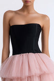 Tiered Preto e Rosa A-Line Strapless Tule Vestido Preto Pequeno