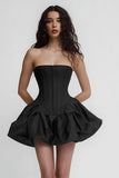 Corset A-Line Strapless Cetim Vestido Preto com Folhos