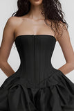 Corset A-Line Strapless Cetim Vestido Preto com Folhos