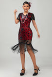 Preto Vermelho Franjas 1920s Vestido Flapper de Lantejoulas