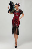 Preto Gatsby Sequins 1920s vestido com franjas