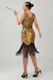 Sparkly Preto Dourado V Pescoço Bodycon 1920s Vestido com Franjas
