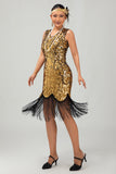 Sparkly preto dourado bodycon franjado vestido 1920s com 5 peças conjunto de acessórios