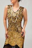Sparkly preto dourado bodycon franjado vestido 1920s com 5 peças conjunto de acessórios
