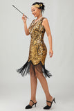 Sparkly preto dourado bodycon franjado vestido 1920s com 5 peças conjunto de acessórios