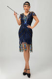 Lantejoulas Preto Azul 1920s Bodycon Gatsby Vestido com mangas curtas
