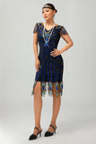 Lantejoulas Preto Azul 1920s Bodycon Gatsby Vestido com mangas curtas