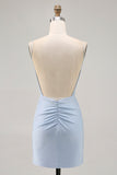 Blue Beaded Espaghetti Correias Bodycon Vestido Curto Homecoming
