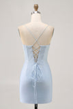 Bodycon azul claro Esparguete Correias frisado Homecoming Dress