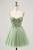 Verde A Line Corset Short Homecoming Dress com Appliques