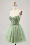 Verde A Line Corset Short Homecoming Dress com Appliques