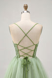 Verde A Line Corset Short Homecoming Dress com Appliques