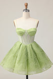 Verde Uma Linha Strapless Sheer Corset Ruched Short Homecoming Dress