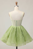 Verde Uma Linha Strapless Sheer Corset Ruched Short Homecoming Dress