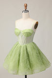 Verde Uma Linha Strapless Sheer Corset Ruched Short Homecoming Dress
